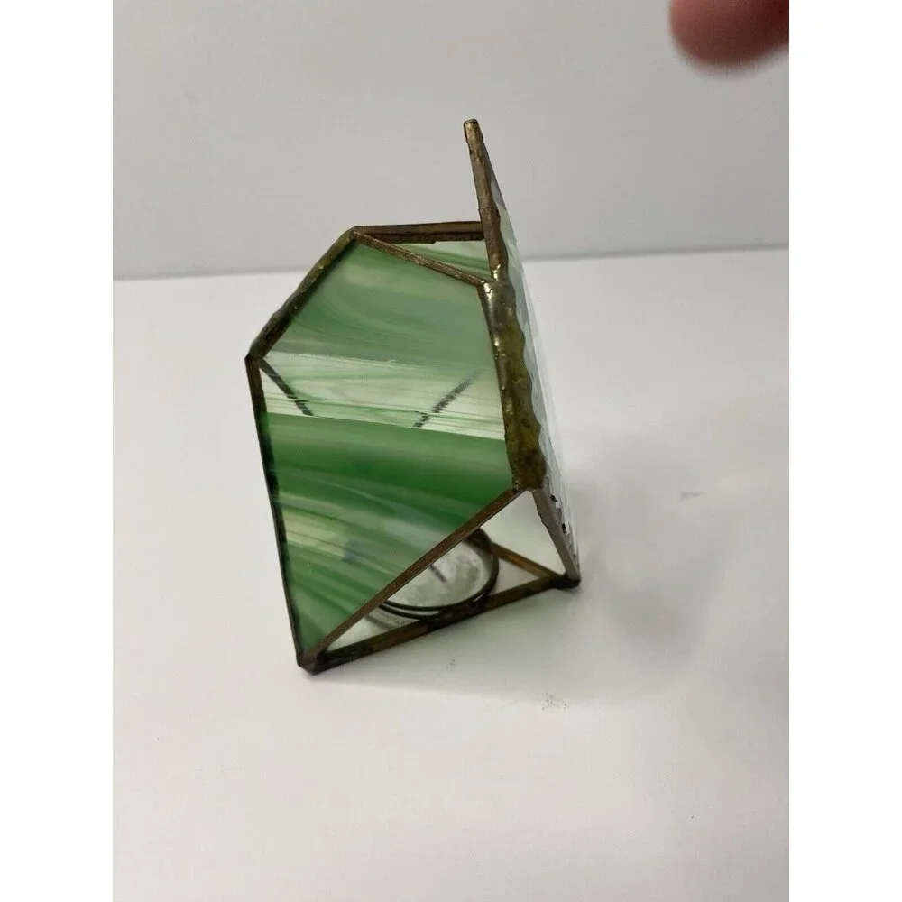 Stained‎ Green Glass Tea Light Holder Etched Glass Hummingbird Floral Design